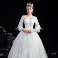 Ny elegant brud Langærmet V-hals Blonde Applique Long Sleeve Brides Tull White Elegant Long Train Wedding Dress